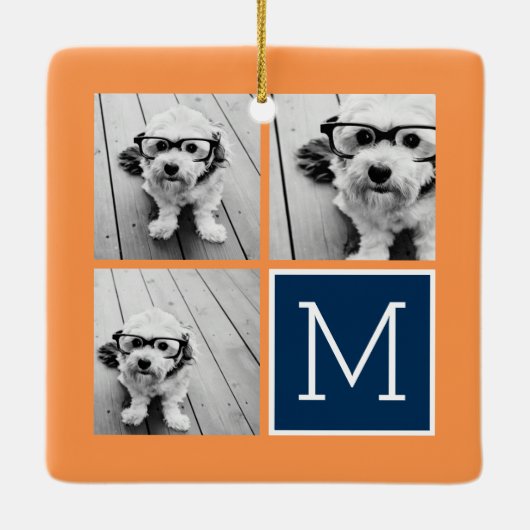 オレンジとネイビーInstagramフォトコラージモノグラム セラミックオーナメント (裏面)