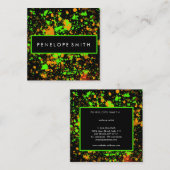 オレンジとネオングリーン抽象芸術(ばちゃばちゃ)跳ねる スクエア名刺 (正面/裏面)