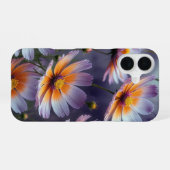 オレンジとパープルのコスモスの抽象画 iPhone 16ケース (裏面横)