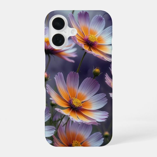 オレンジとパープルのコスモスの抽象画 iPhone 16ケース (裏面)