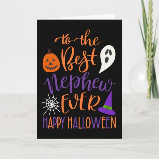 オレンジとパープルのハロウィンで最高のお甥さんに カード (正面)