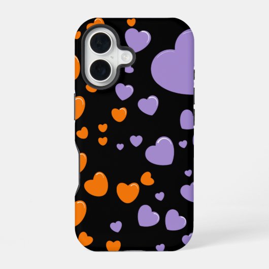 オレンジとパープルのハートの水玉模様 iPhone 16ケース (裏面)