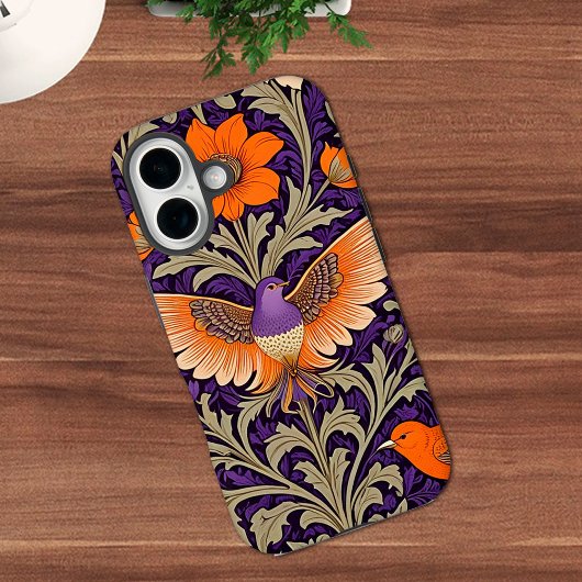オレンジとパープルのビンテージ植物画と鳥のデザイン Case-Mate iPhoneケース