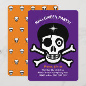 オレンジとパープルの招待状にハロウィンの骸骨 招待状 (正面/裏面)