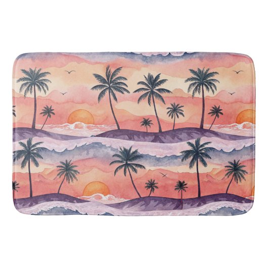 オレンジとパープルの水彩画の夏の夕焼け バスマット (正面)