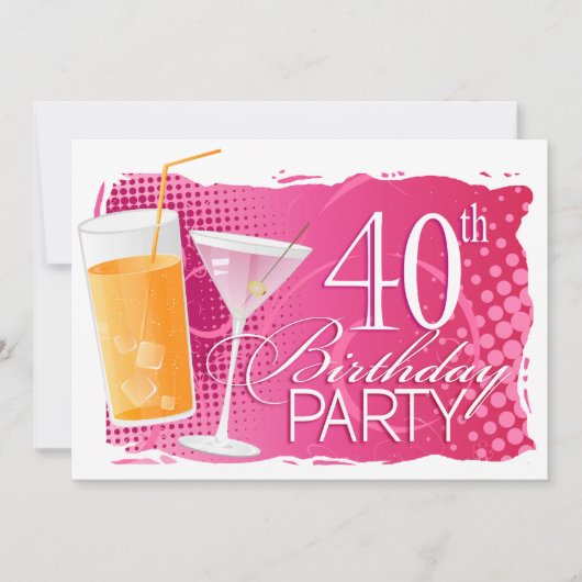 オレンジとピンクのカクテル 40歳の誕生日パーティー 招待状 (正面)