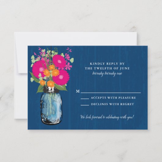 オレンジとピンクのガーベラデイジーメイソン·ジャーRSVP Invi 招待状 (正面)