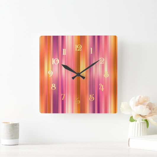 オレンジとピンクのストライプ スクエア壁時計 (ホーム)
