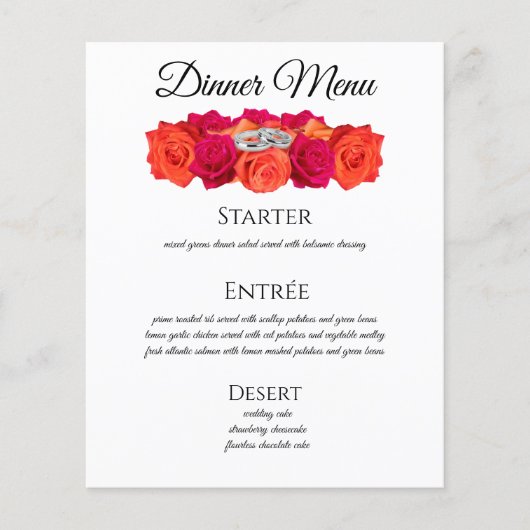 オレンジとピンクのバラ結婚ズドリンク – ディナーメニュー –  (正面)