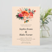 オレンジとピンクのバラ黄色のフローラ結婚 招待状 (スタンド正面)