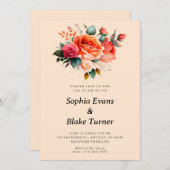 オレンジとピンクのバラ黄色のフローラ結婚 招待状 (正面/裏面)