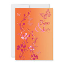 オレンジとピンクのフローラと蝶招待状