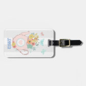 オレンジとピンクのフローラブーケとダイヤモンドフレームピンク ラゲッジタグ (正面横)