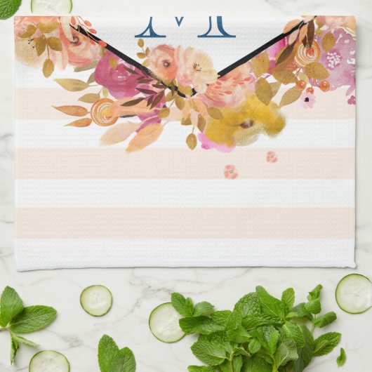 オレンジとピンクのフローラブーケとダイヤモンドフレーム キッチンタオル (折り畳み)