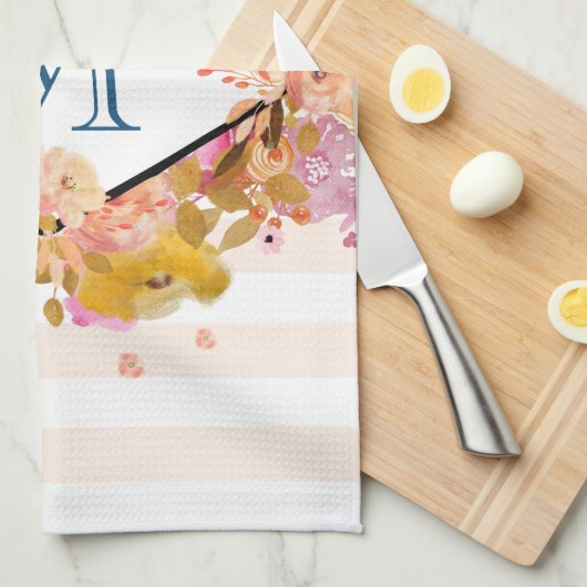 オレンジとピンクのフローラブーケとダイヤモンドフレーム キッチンタオル (四つ折り)