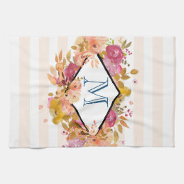 オレンジとピンクのフローラブーケとダイヤモンドフレーム キッチンタオル