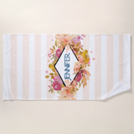 オレンジとピンクのフローラブーケとダイヤモンドフレーム ビーチタオル