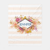 オレンジとピンクのフローラブーケとダイヤモンドフレーム フリースブランケット (正面)