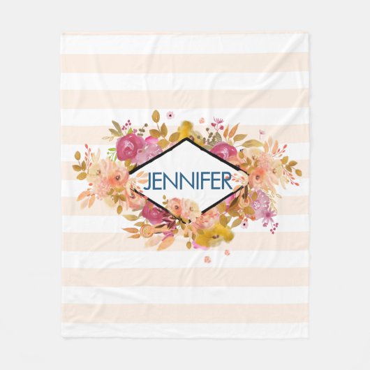 オレンジとピンクのフローラブーケとダイヤモンドフレーム フリースブランケット (正面)