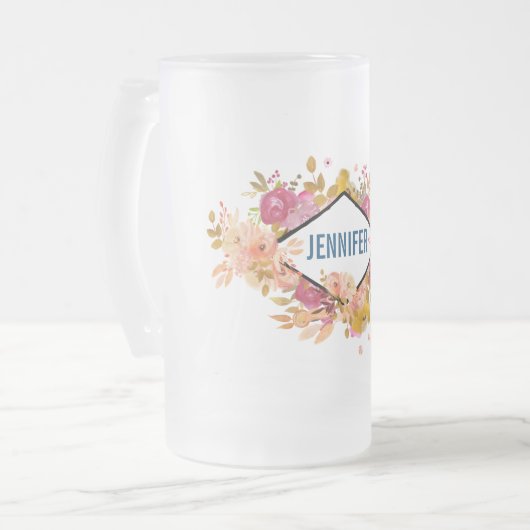 オレンジとピンクのフローラブーケとダイヤモンドフレーム フロストグラスビールジョッキ (正面左)