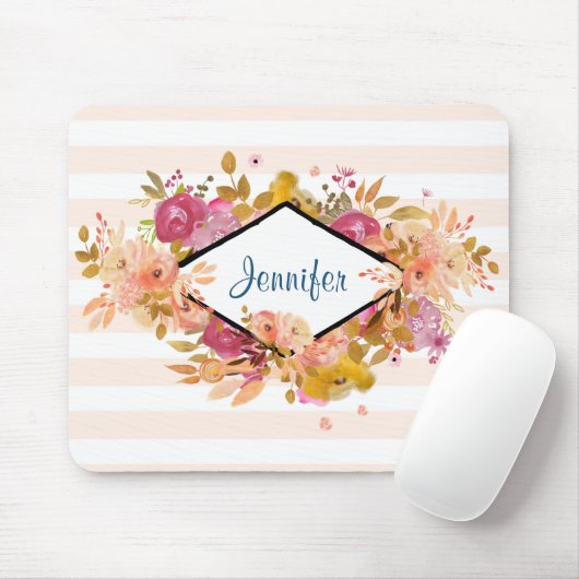オレンジとピンクのフローラブーケとダイヤモンドフレーム マウスパッド (マウス)