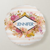 オレンジとピンクのフローラブーケとダイヤモンドフレーム ラウンドクッション (裏面)