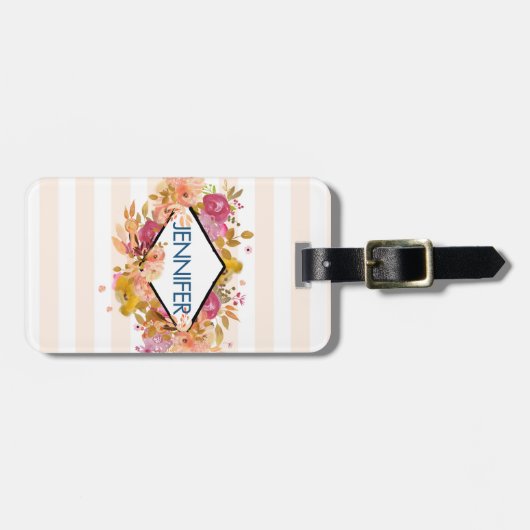 オレンジとピンクのフローラブーケとダイヤモンドフレーム ラゲッジタグ (正面横)