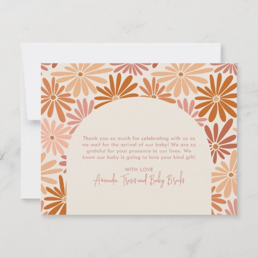 オレンジとピンクのレトロフローラグルーヴィベビーフラット サンキューカード (裏面)