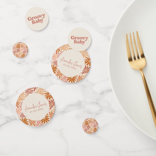 オレンジとピンクのレトロフローラGroovyベビーシャワー コンフェッティ (グループ)