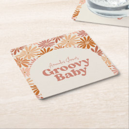 オレンジとピンクのレトロフローラGroovyベビーシャワー スクエアペーパーコースター