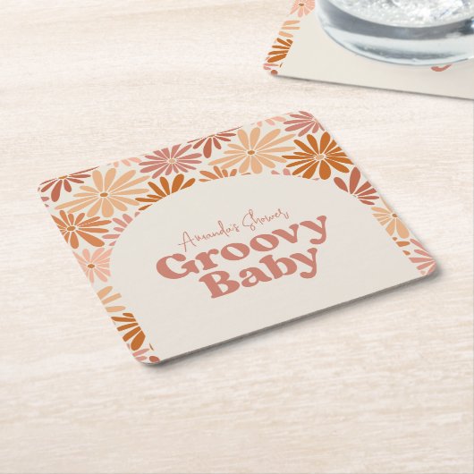 オレンジとピンクのレトロフローラGroovyベビーシャワー スクエアペーパーコースター (アングル)