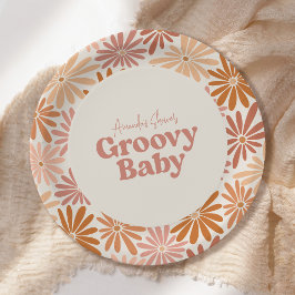 オレンジとピンクのレトロフローラGroovyベビーシャワー ペーパープレート