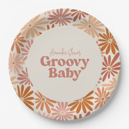 オレンジとピンクのレトロフローラGroovyベビーシャワー ペーパープレート (正面)