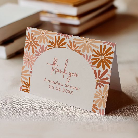 オレンジとピンクのレトロフローラGroovyベビー折り畳み サンキューカード