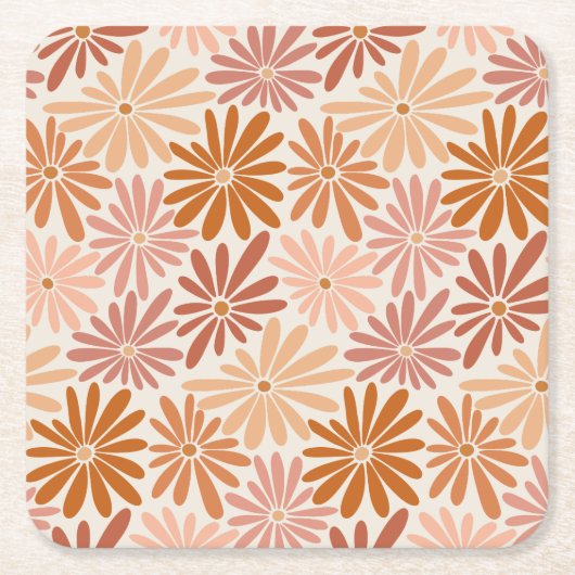 オレンジとピンクのレトロフローラGroovy スクエアペーパーコースター (正面)