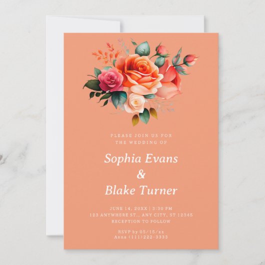 オレンジとピンクのローズオレンジのフローラ結婚ズ 招待状 (正面)