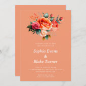 オレンジとピンクのローズオレンジのフローラ結婚ズ 招待状 (正面/裏面)