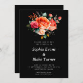 オレンジとピンクのローズブラックフローラル結婚ズ 招待状 (正面/裏面)