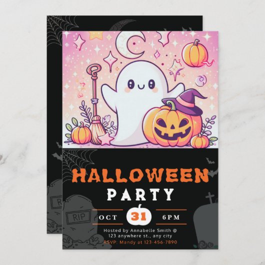 オレンジとピンクの幽霊パンプキンハロウィーン 招待状 (正面/裏面)