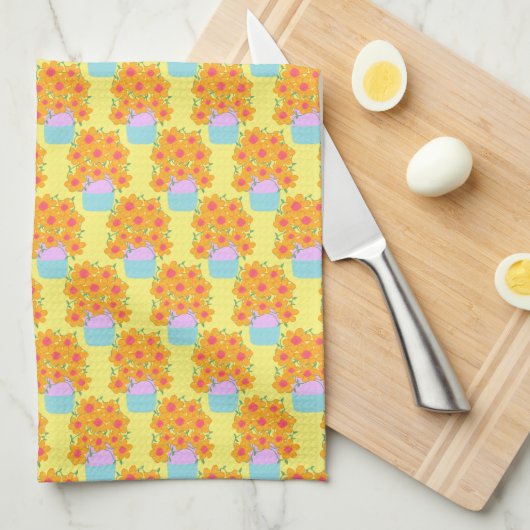 オレンジとピンクの春の花 キッチンタオル (四つ折り)