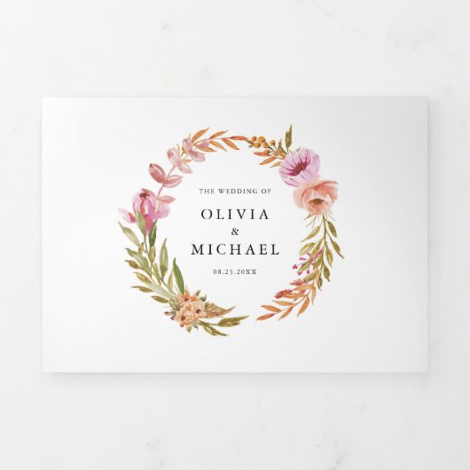 オレンジとピンクの水彩秋の花結婚の 三つ折り招待状 (カバー)