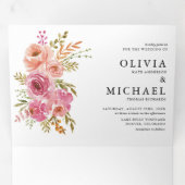 オレンジとピンクの水彩秋の花結婚の 三つ折り招待状 (内部最初)