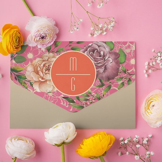 オレンジとピンクの花の結婚式 オールインワン招待状