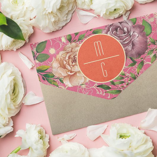 オレンジとピンクの花の結婚式 オールインワン招待状