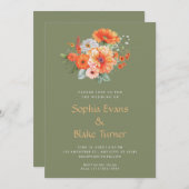 オレンジとピンクの花束 緑の結婚式 招待状 (正面/裏面)
