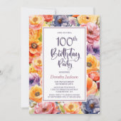 オレンジとピンクの華やかな100歳の誕生日パーティー 招待状 (正面)