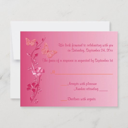 オレンジとピンクの蝶の返信カード 出欠カード (裏面)