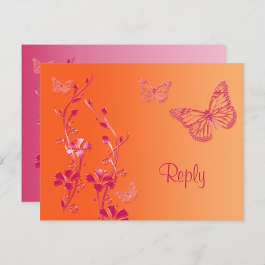 オレンジとピンクの蝶の返信カード 出欠カード (正面/裏面)