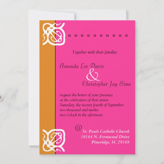 オレンジとピンクの装飾付き結婚式招待状 招待状 (正面)