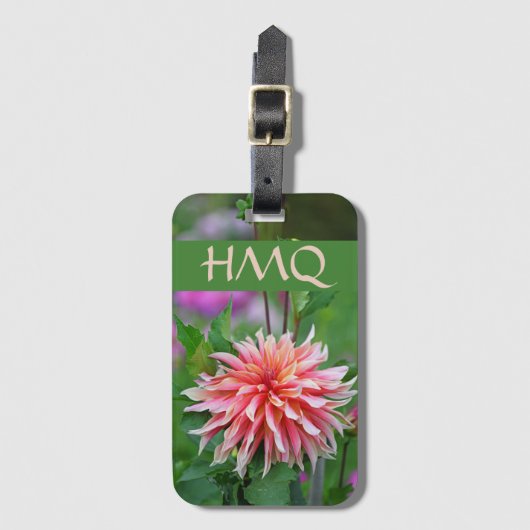 オレンジとピンクダリアフラワーパーソナルイニシャル ラゲッジタグ (正面縦)